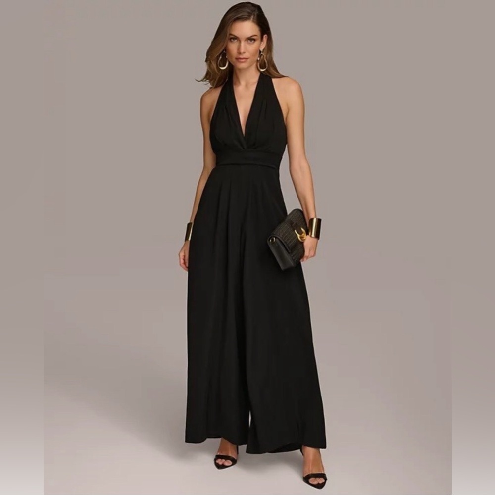 DONNA KARAN HALTER BACK WIDE LEGGED ROMPER